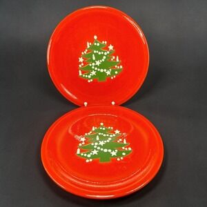 Waechtersbach Germany Christmas Tree Dishes Plates Set 2 Red Orange Glaze 10"